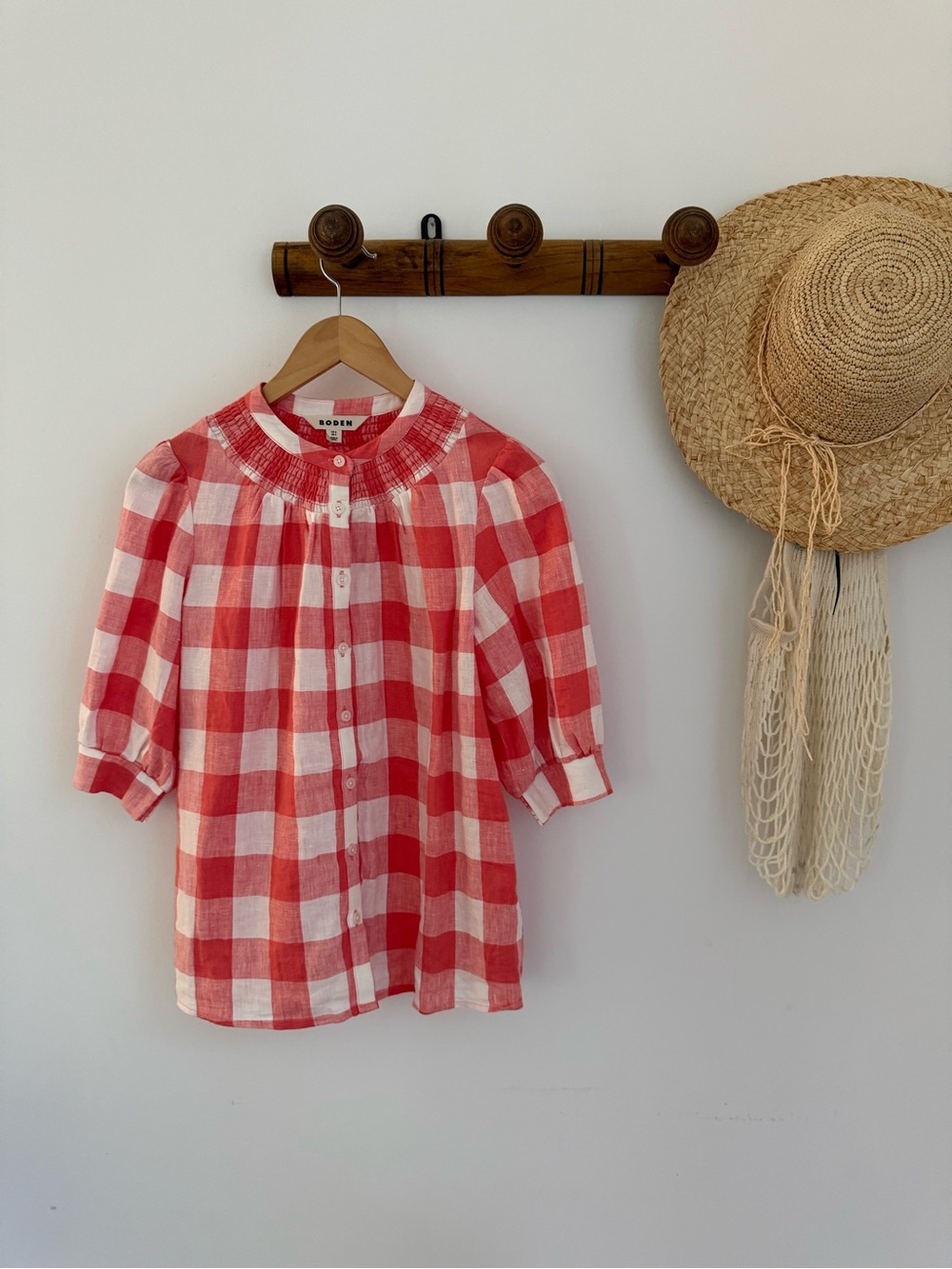 Boden Ada Red and White Gingham Linen Blouse with Smocked Top (NWOT